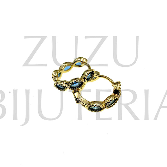 Brinco Arogla Dourado com Zirconias Azuis 18mm - Latão