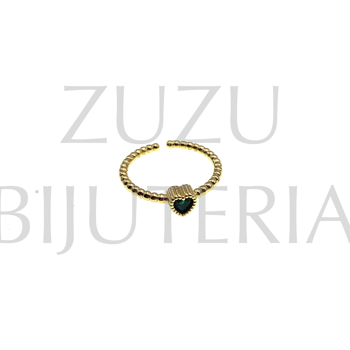 Anel Coração com Zirconia Verde (Ajustável) - Ródio
