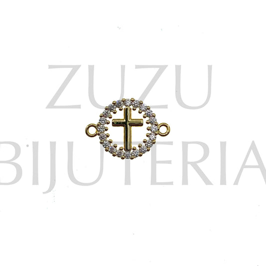 Pendente/Entremeio Cruz com Zirconias 13mm - Latão