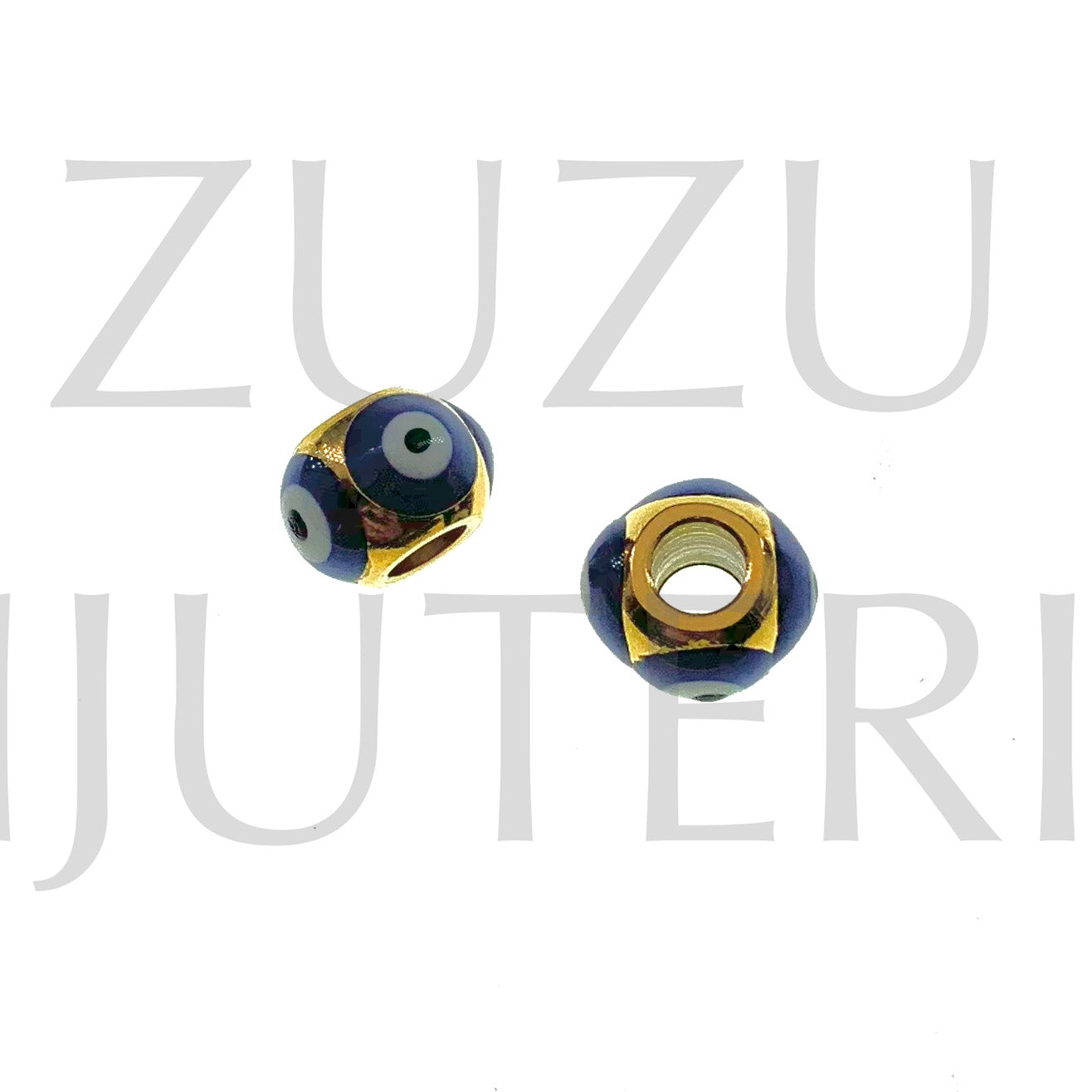 Pendente/Entremeio Olho Turco Azul Escuro 8mm (Furo 4mm) - Aço Inox