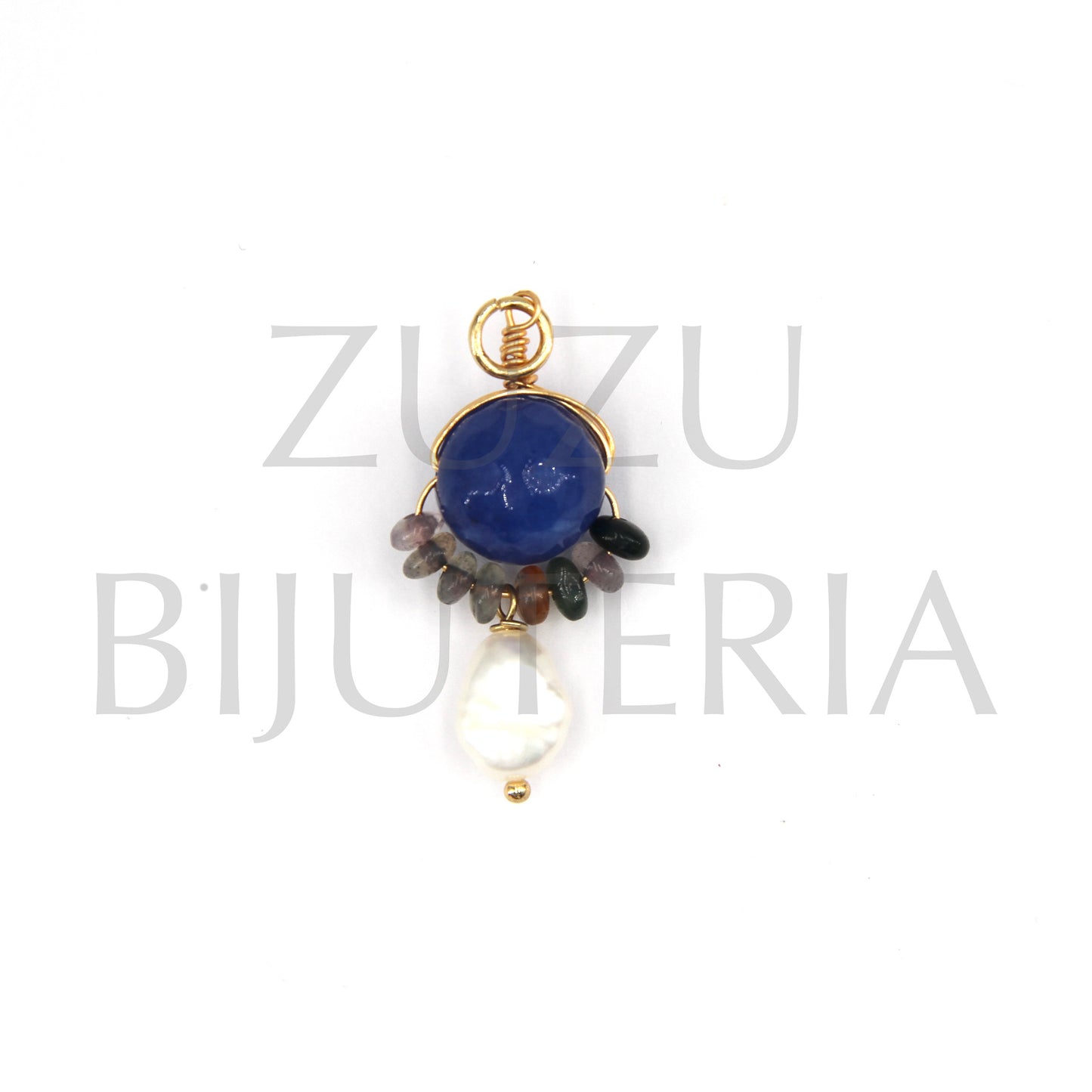 Pendente Pedra Azul com Cristais e Pérola Natural 31mm x 14mm