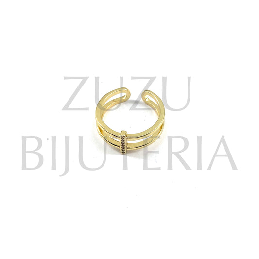 Anel Dourado com Zirconias (Ajustável) - Latão