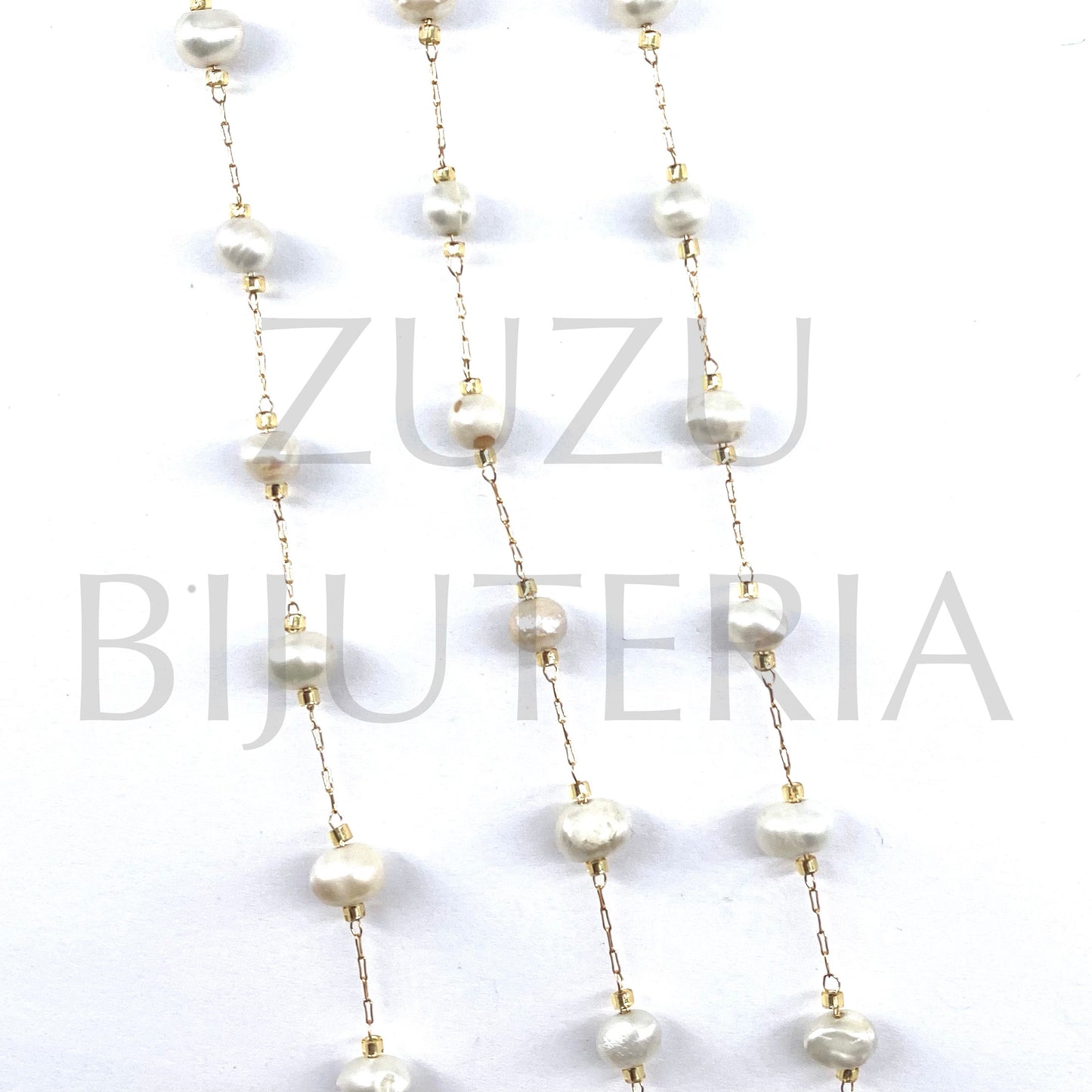 Corrente Dourado com Pérolas Naturais 5mm - Aço Inox