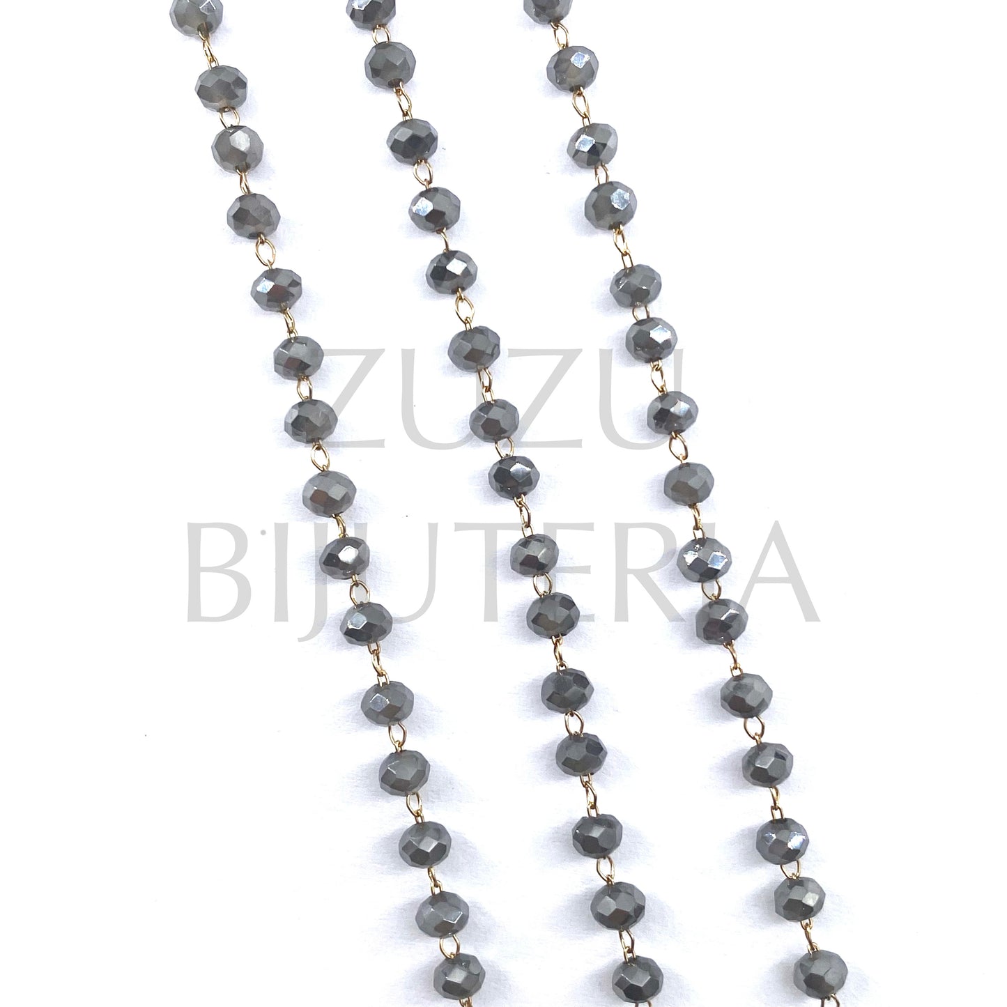 Corrente Cristais 4mm Cinzento Espalhado - Aço Inox Dourado