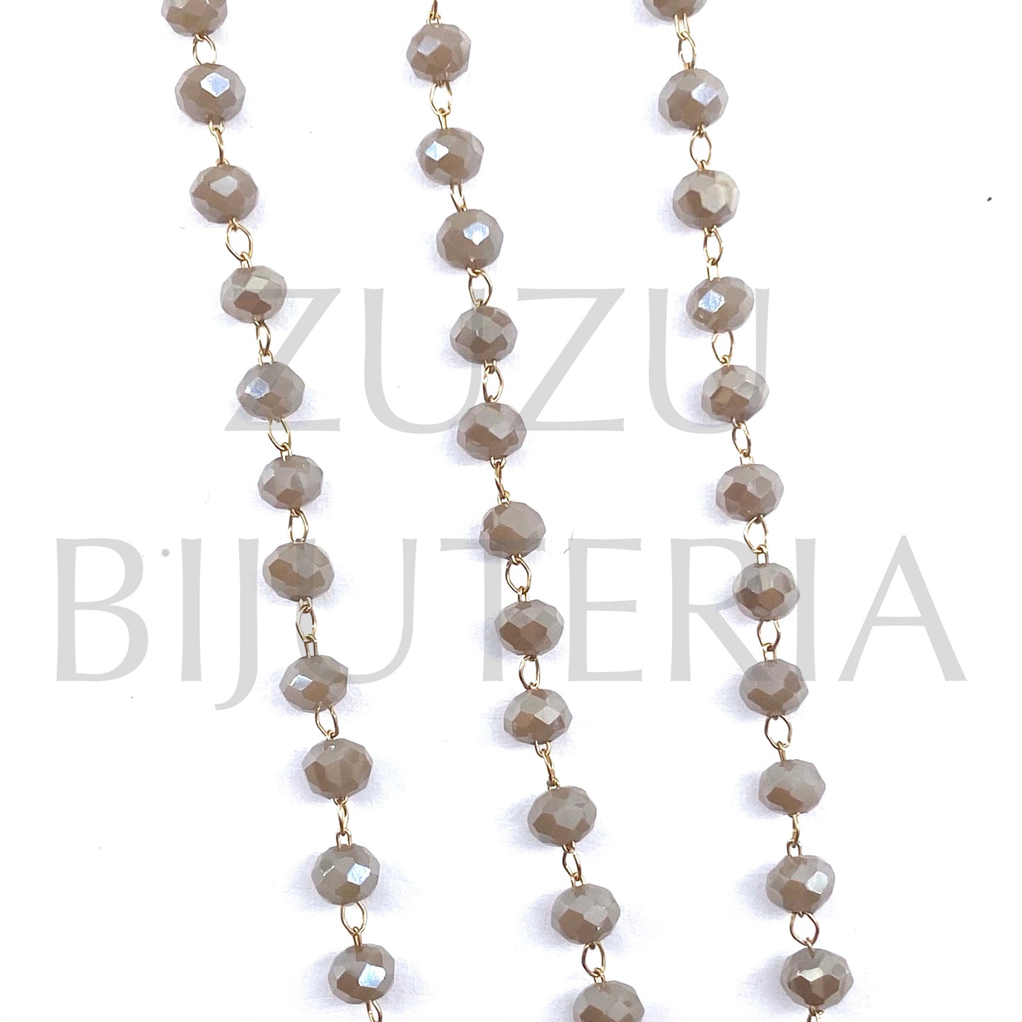 Corrente Cristais 4mm Bege Espalhado - Aço Inox Dourado