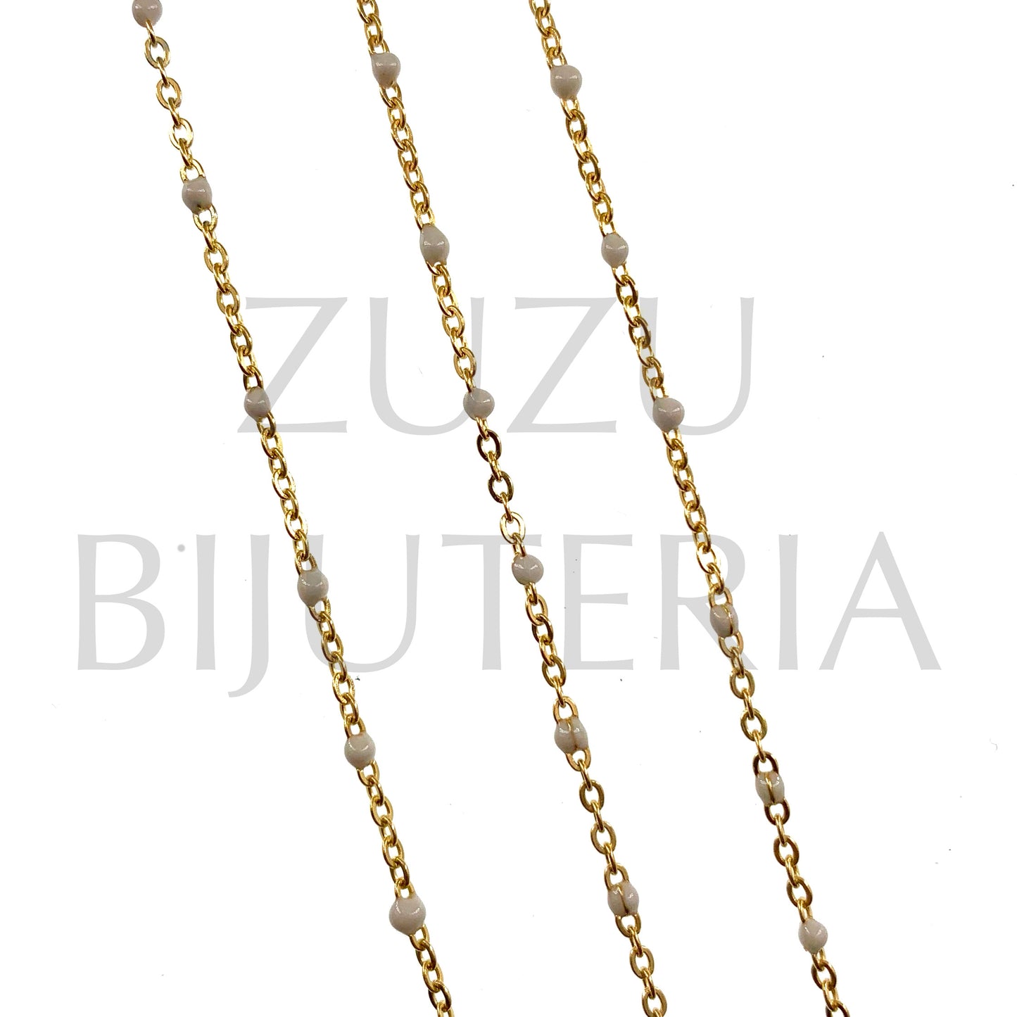 Corrente Elo Oval Achatado 2mm com Bolinhas Creme - Aço Inox