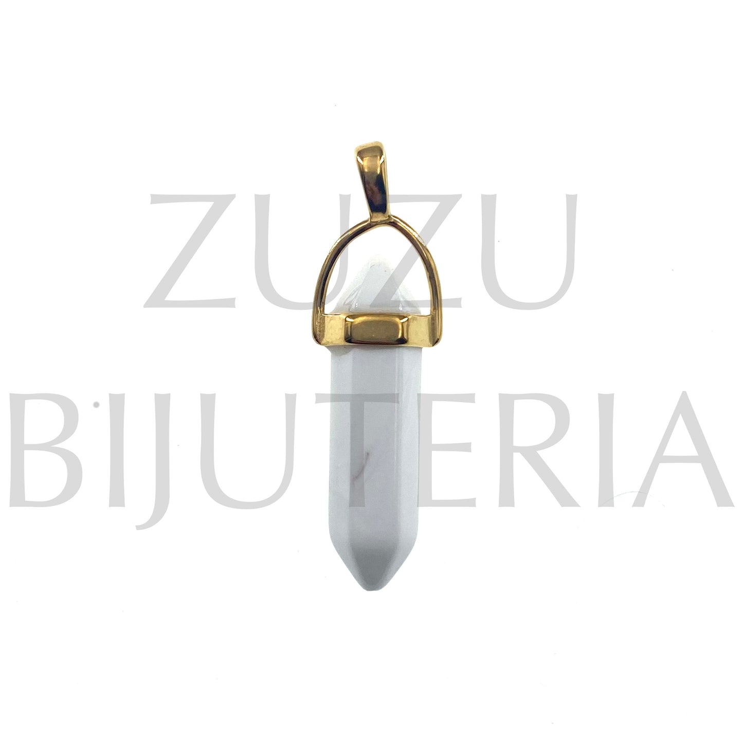 White Agate Stone Pendant 36mm x 14mm - Stainless Steel