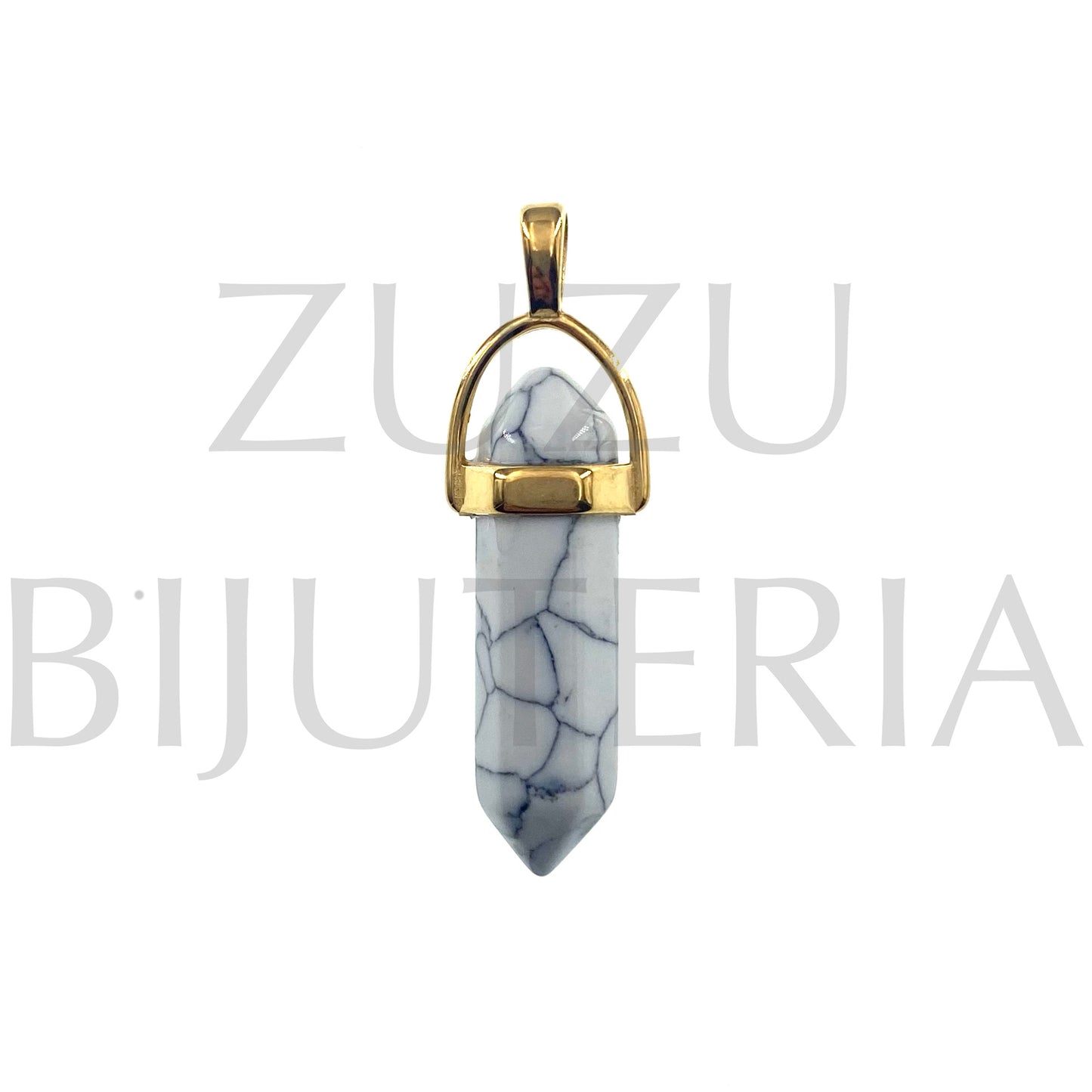 White Howlita Stone Pendant 36mm x 14mm - Stainless Steel