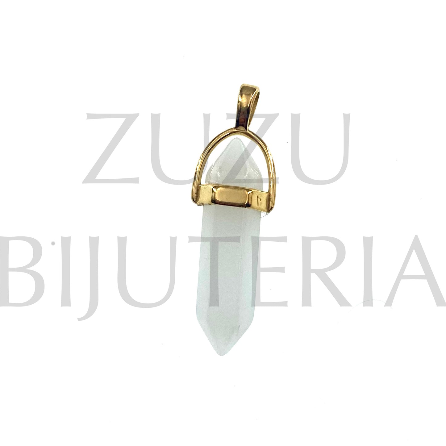 Matte White Agate Stone Pendant 36mm x 14mm - Stainless Steel