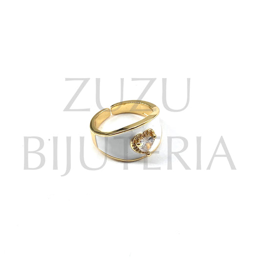 Anel Branco com Zirconias (Ajustável) - Latão