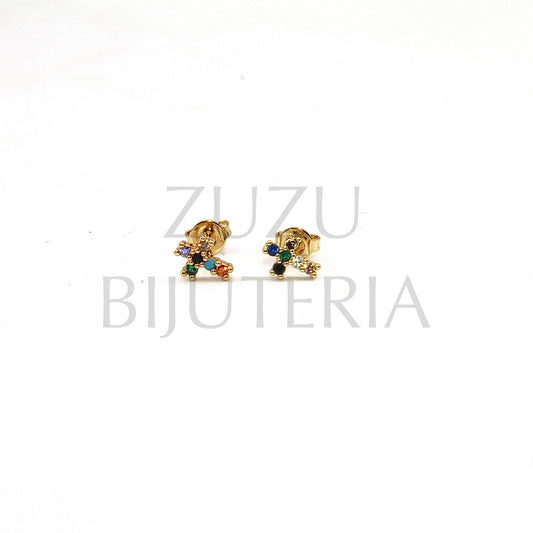 Brinco Cruz com Zirconias Coloridas 7mm x 5mm - Latão