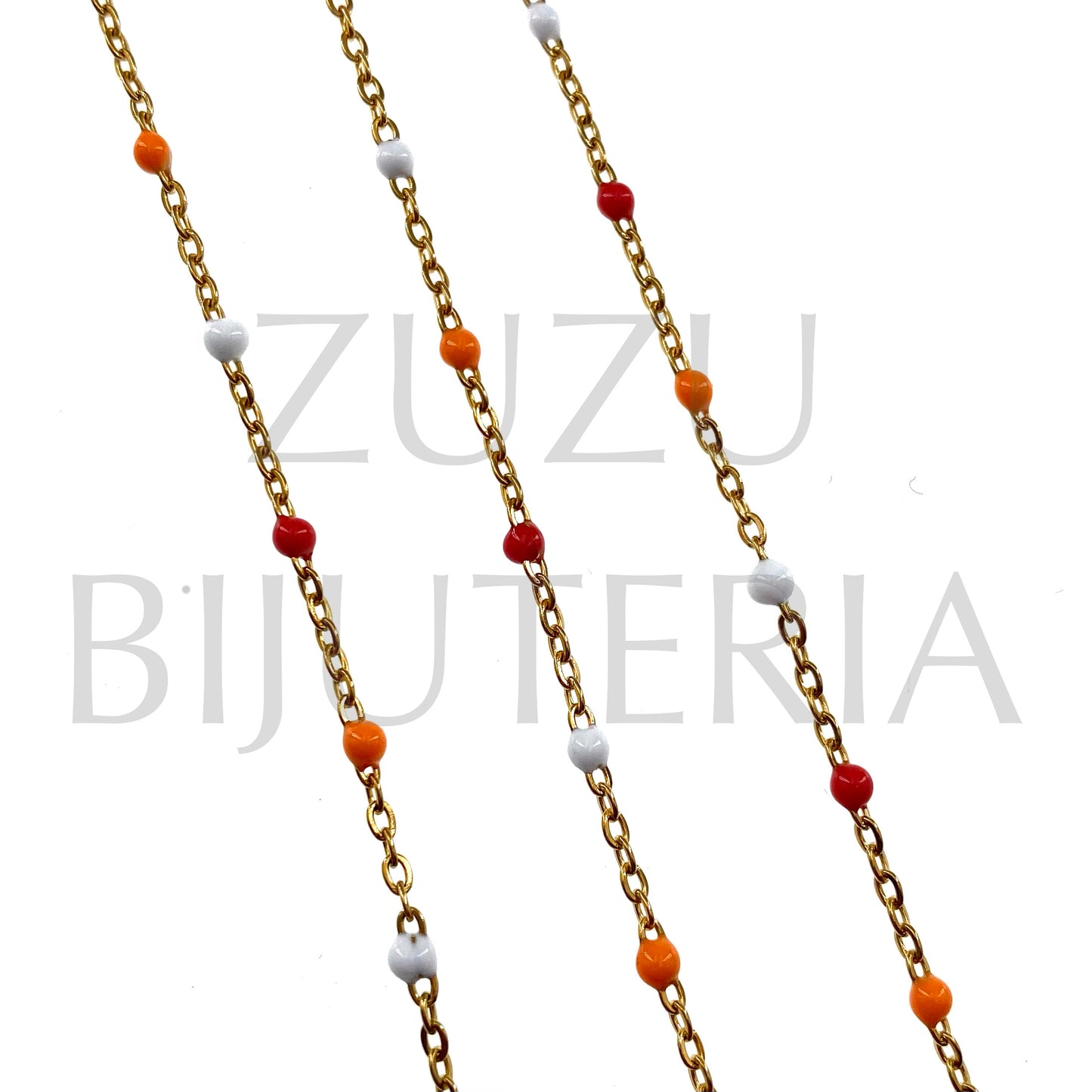 Corrente Elo Oval Achatado 2mm com Bolinhas Laranja Misturado - Aço Inox