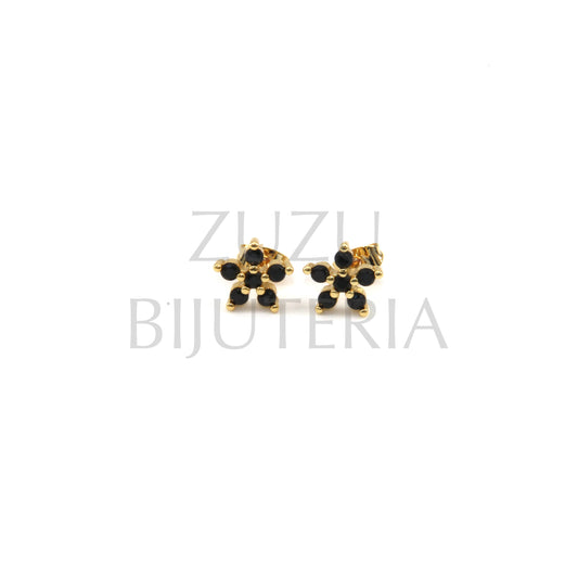 Brinco Flor com Zirconias Preto 10mm - Latão