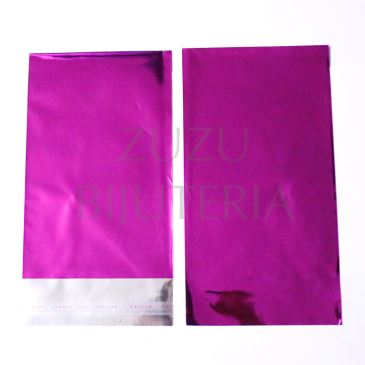 Sacos com Pala Autocolante Metalizado Fundo Rosa 18cm x 10cm (10peças)