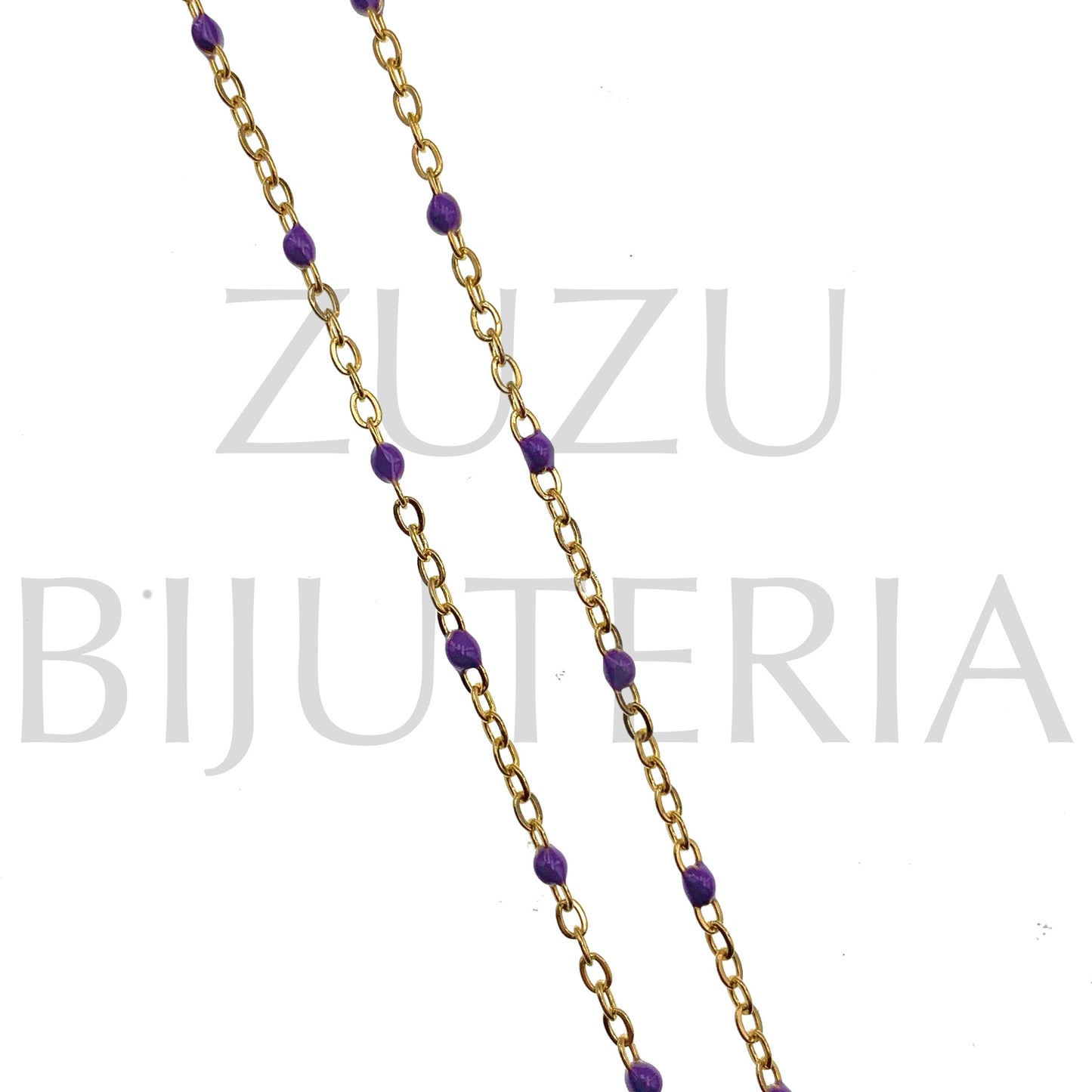 Corrente Elo Oval Achatado 2mm com Bolinhas Roxo - Aço Inox