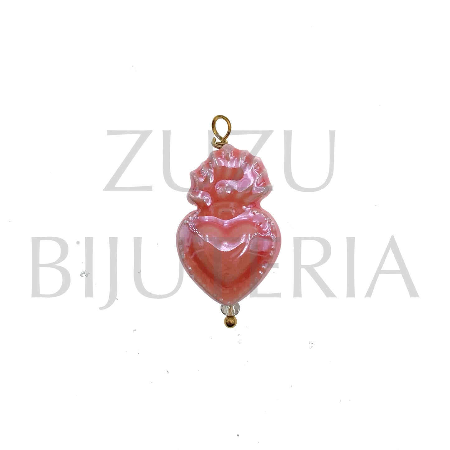 Pendente Coração Sagrado Cor de Rosa 24mm x 15mm - Cerâmica