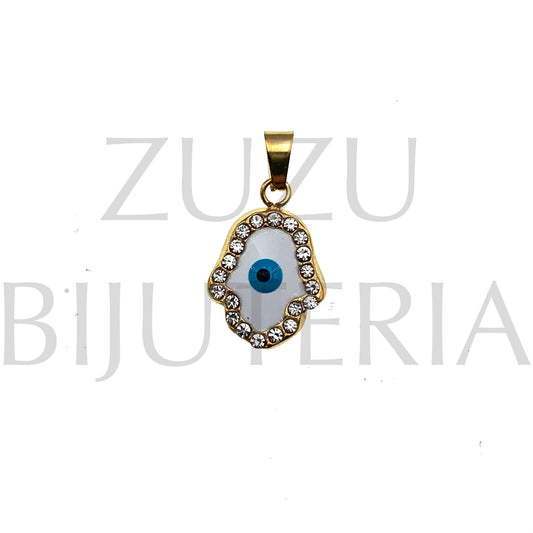 PendenteMão Hamsa Olho com Zirconias 15mm x 13mm - Aço Inox