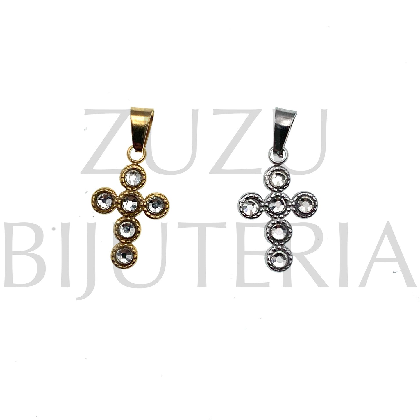 Pendente Cruz com Zirconias 15mm x 11mm - Aço Inox