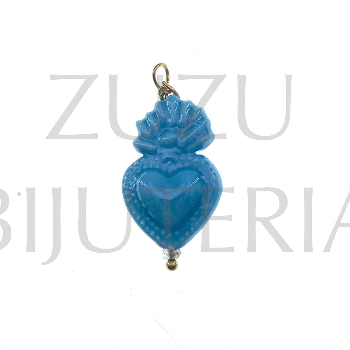 Pendente Coração Sagrado Azul 24mm x 15mm - Cerâmica