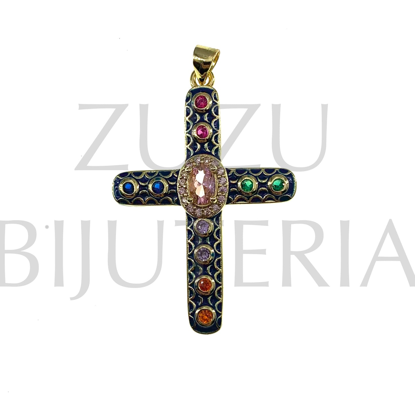 Pendente Cruz com Zirconias 40mm x 29mm - Latão