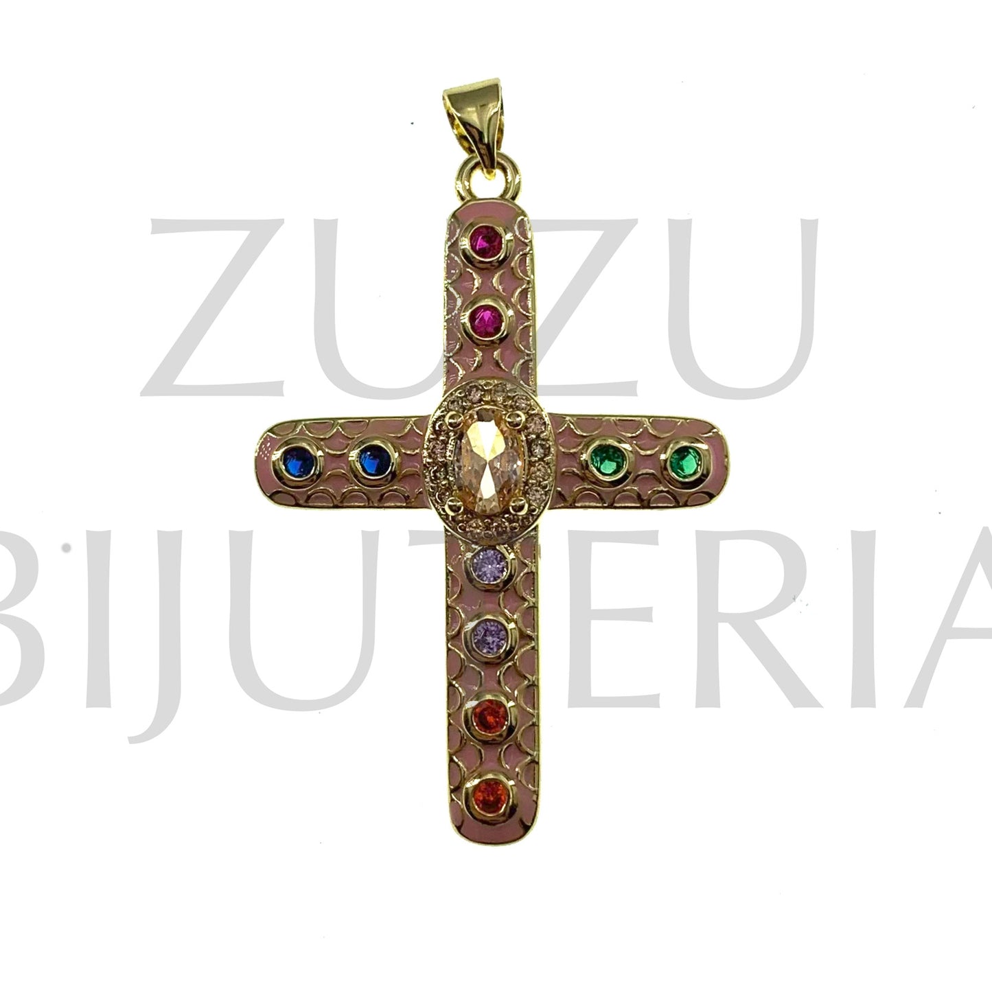 Pendente Cruz com Zirconias 40mm x 29mm - Latão