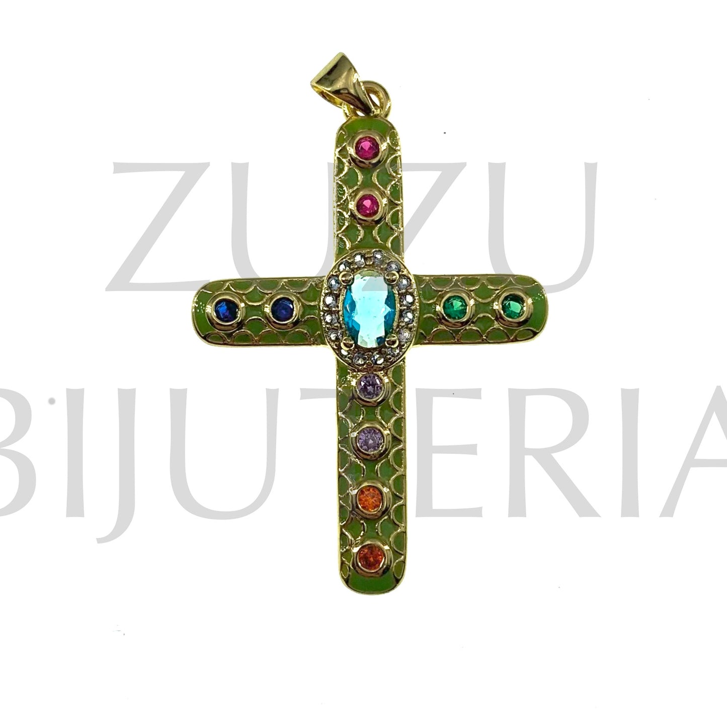 Pendente Cruz com Zirconias 40mm x 29mm - Latão