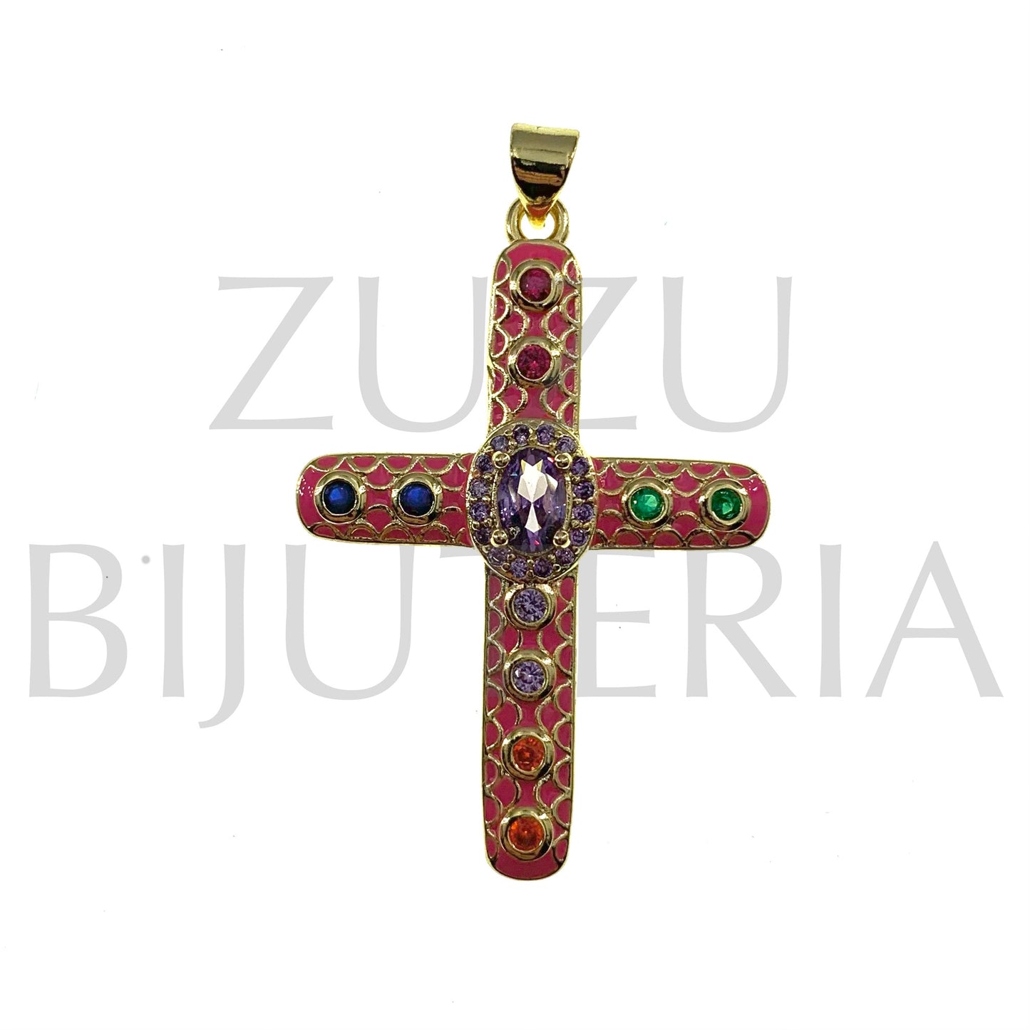 Pendente Cruz com Zirconias 40mm x 29mm - Latão