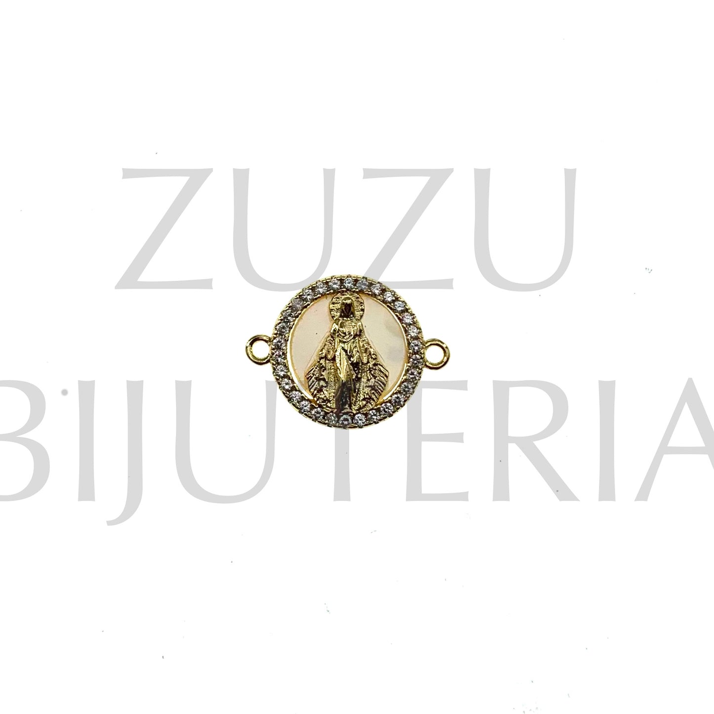 Pendente/Entremeio Nossa Senhora fundo madrepérola com Zirconias 13mm - Latão