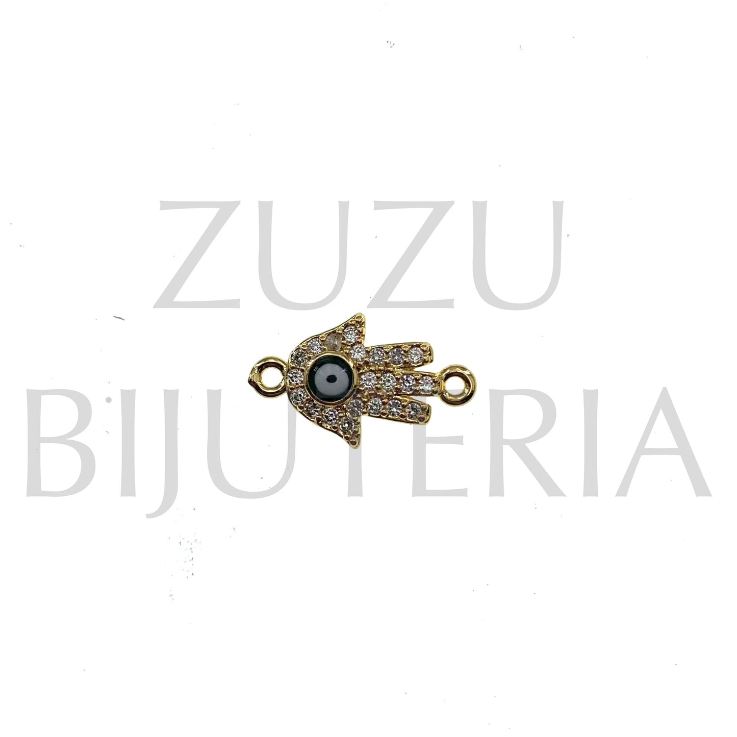 Pendente/Entremeio Mão Hamsa Olho com Zirconias 9mm x 16mm - Latão