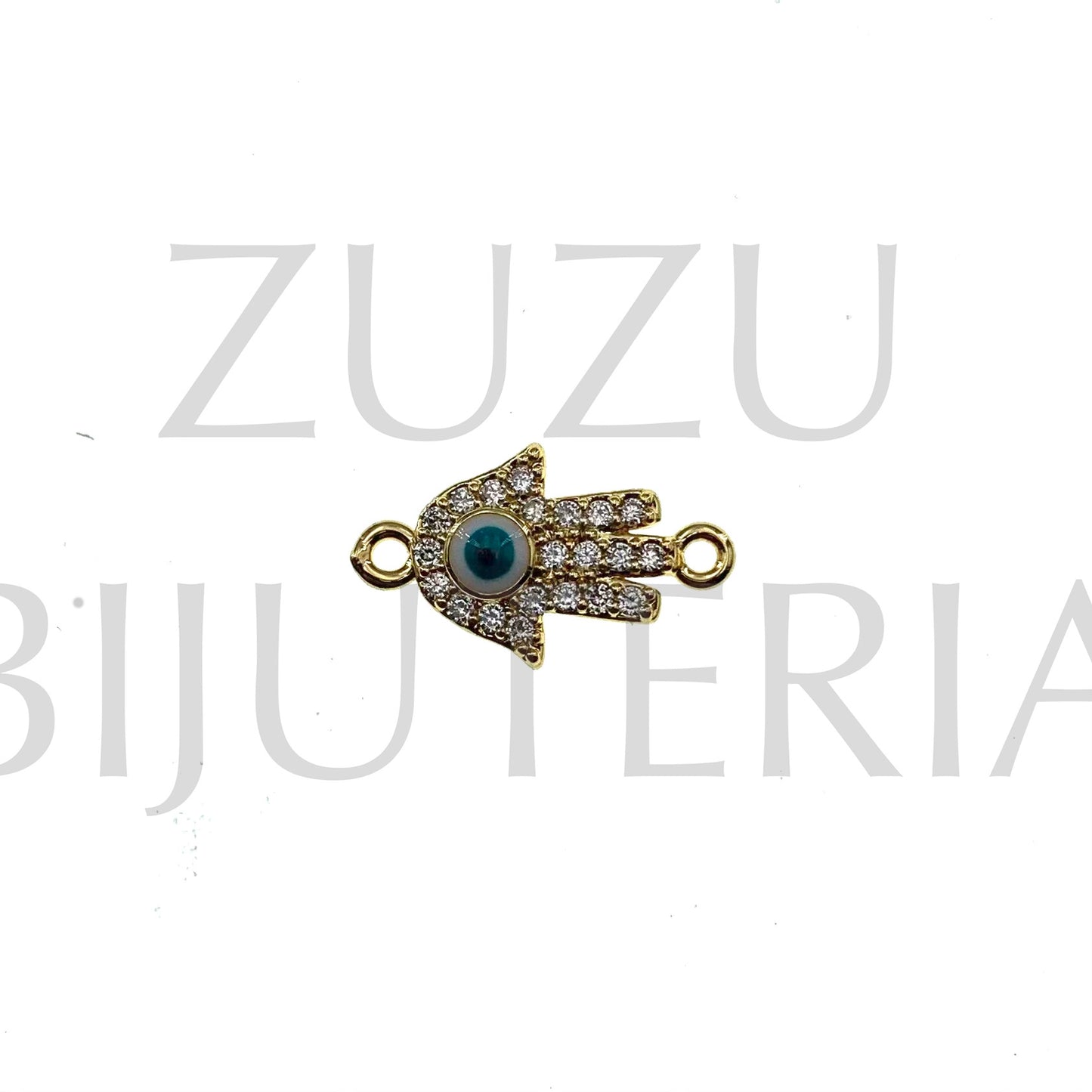 Pendente/Entremeio Mão Hamsa Olho com Zirconias 9mm x 16mm - Latão