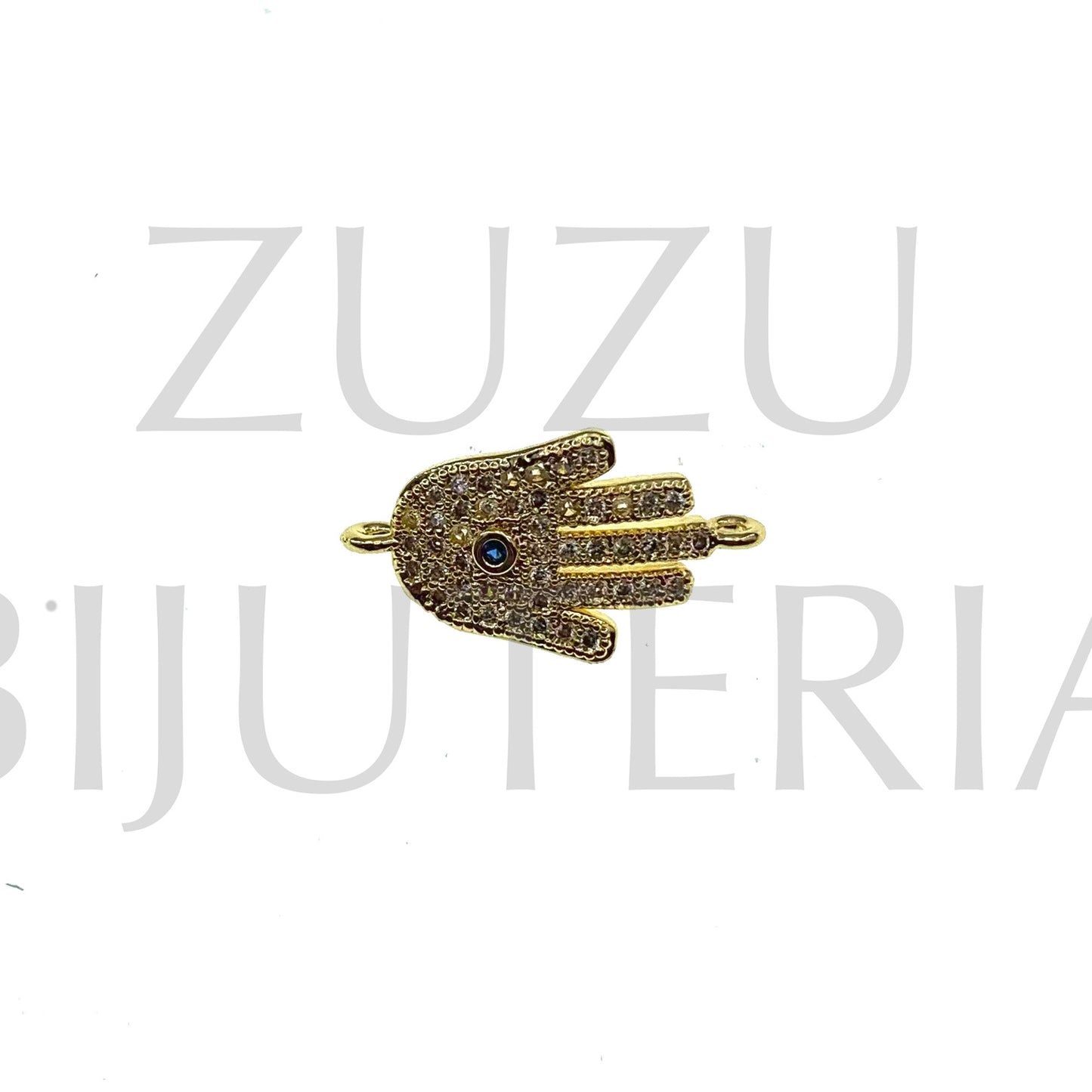 Pendente/Entremeio Mão Hamsa Olho com Zirconias 10mm x 18mm - Latão