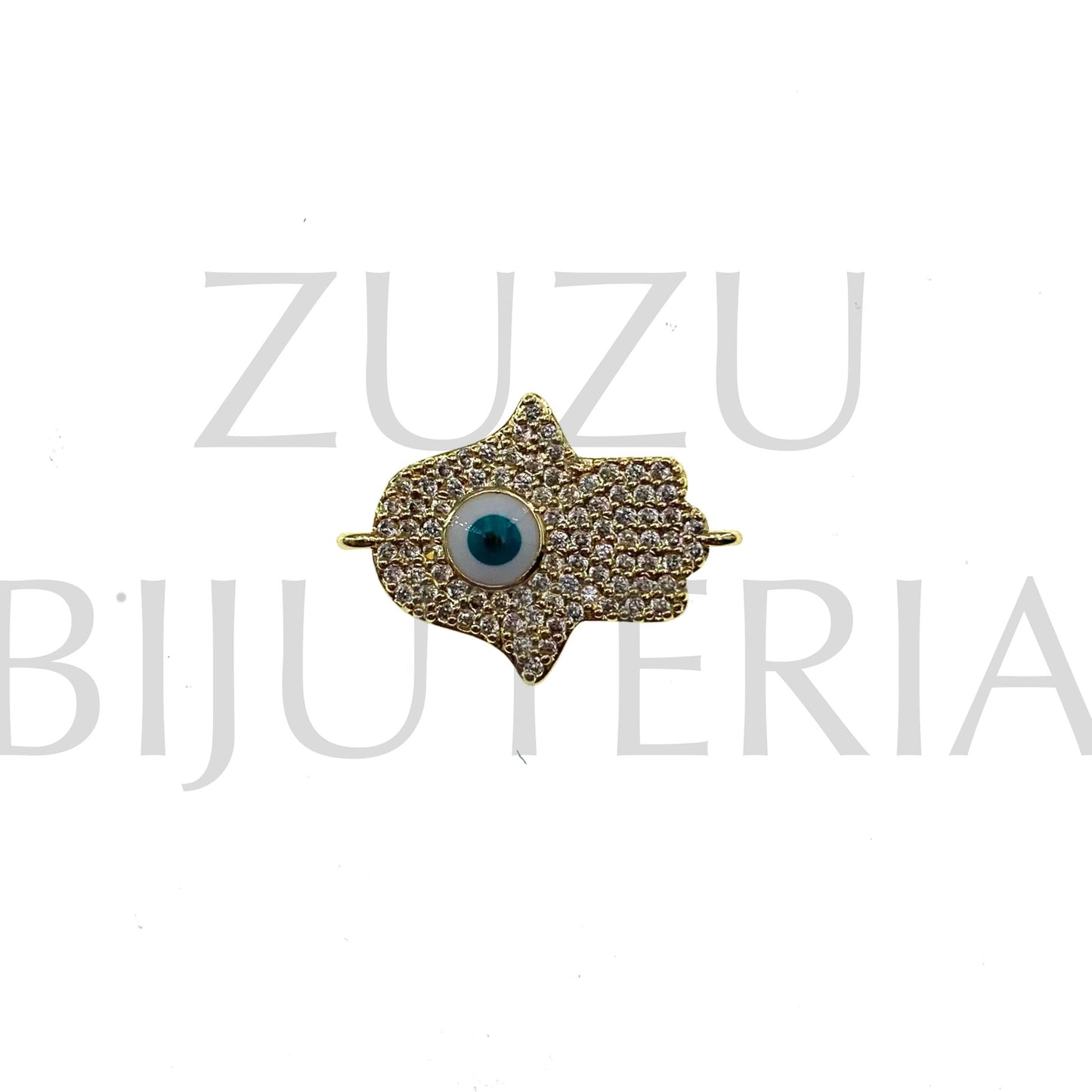 Pendente/Entremeio Mão Hamsa Olho com Zirconias 14mm x 20mm - Latão