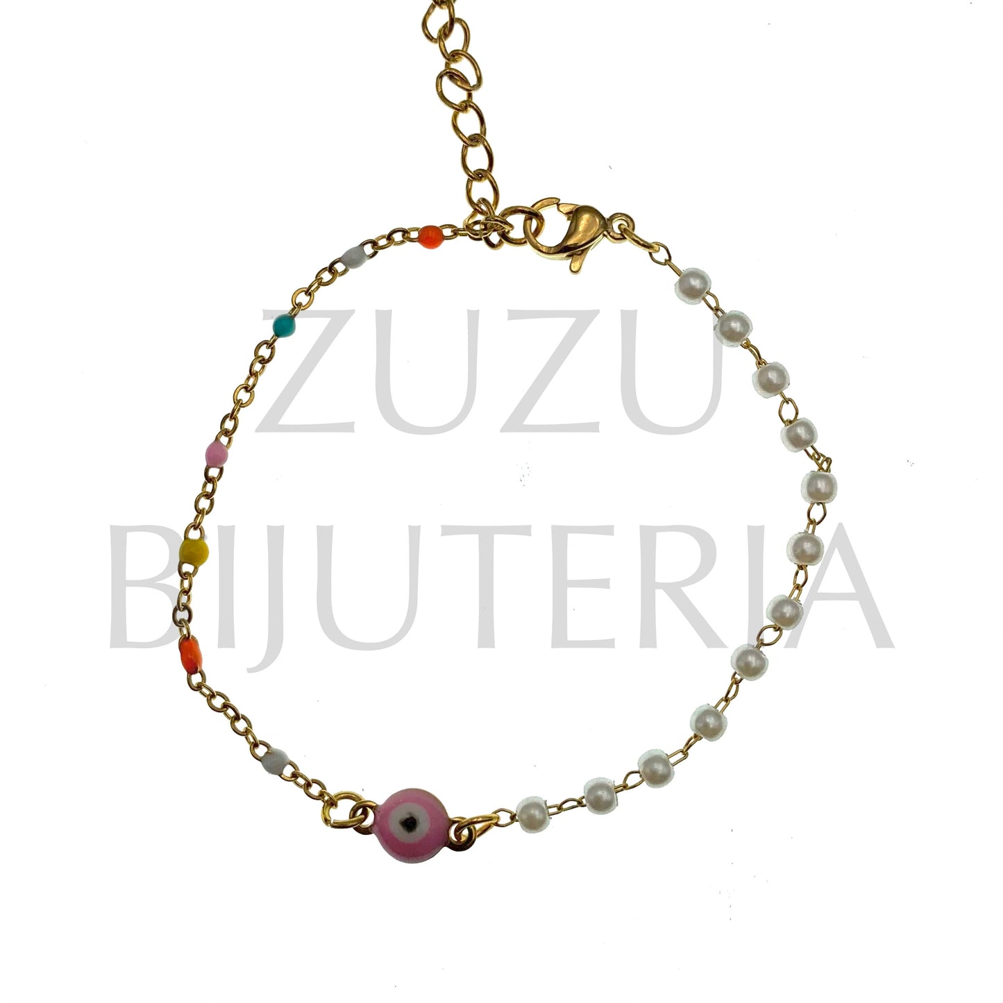 Pulseira Olho com Pérolas 16cm + 5cm - Aço Inox