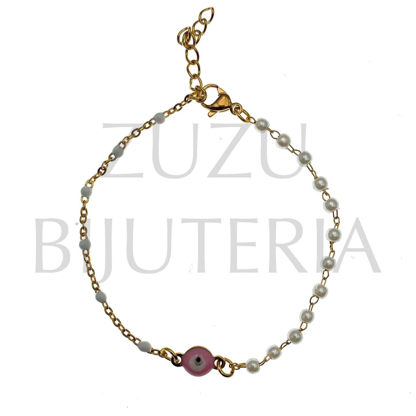 Pulseira Olho com Pérolas 16cm + 5cm - Aço Inox