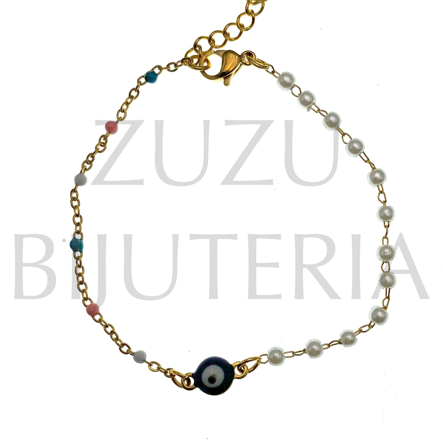 Pulseira Olho com Pérolas 16cm + 5cm - Aço Inox