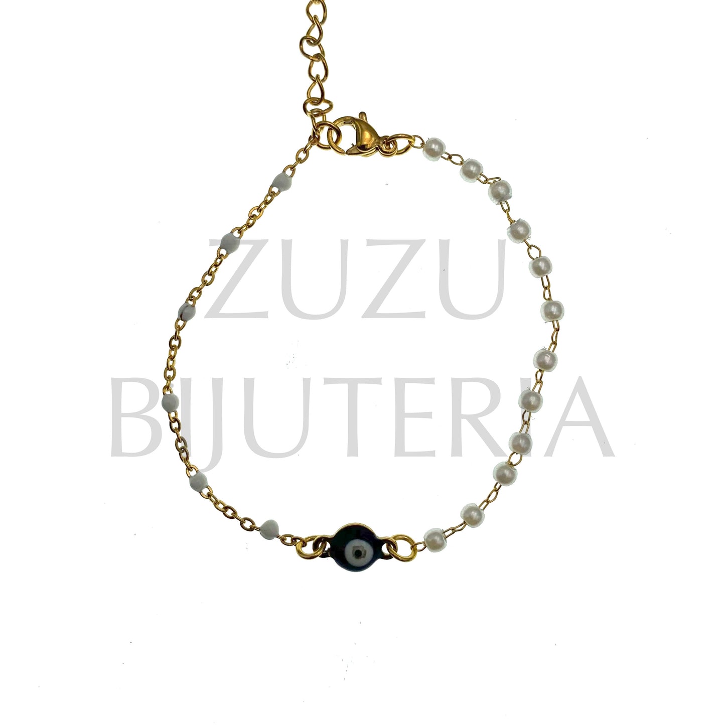 Pulseira Olho com Pérolas 16cm + 5cm - Aço Inox