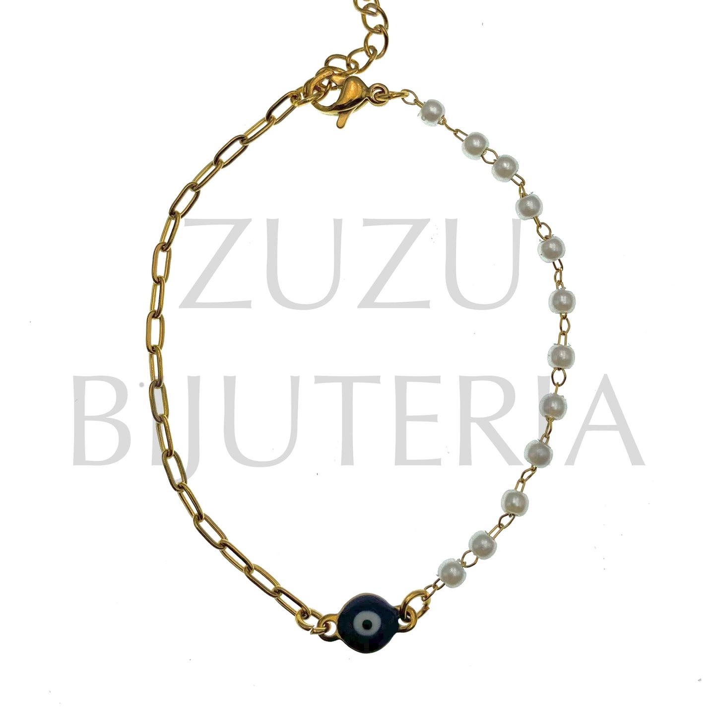 Pulseira Olho com Pérolas 16cm + 5cm - Aço Inox