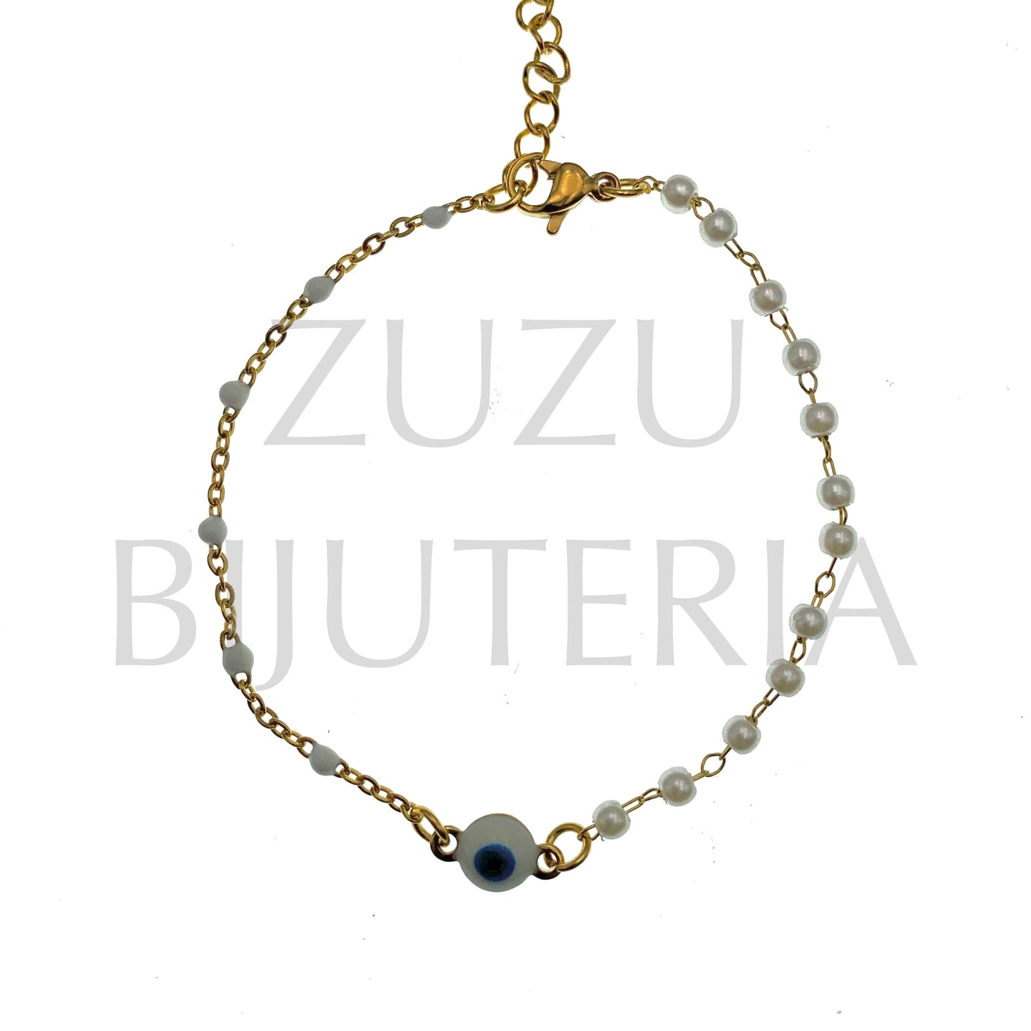 Pulseira Olho com Pérolas 16cm + 5cm - Aço Inox