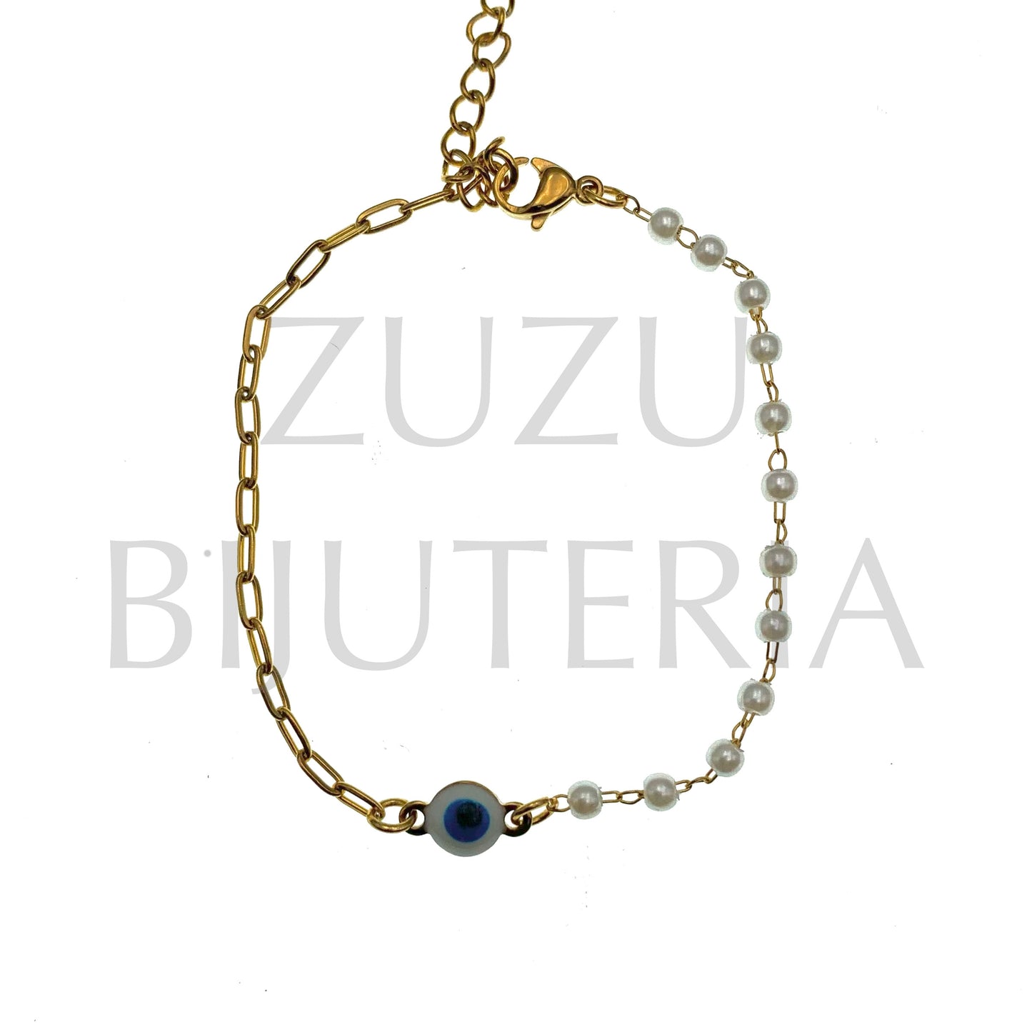 Pulseira Olho com Pérolas 16cm + 5cm - Aço Inox