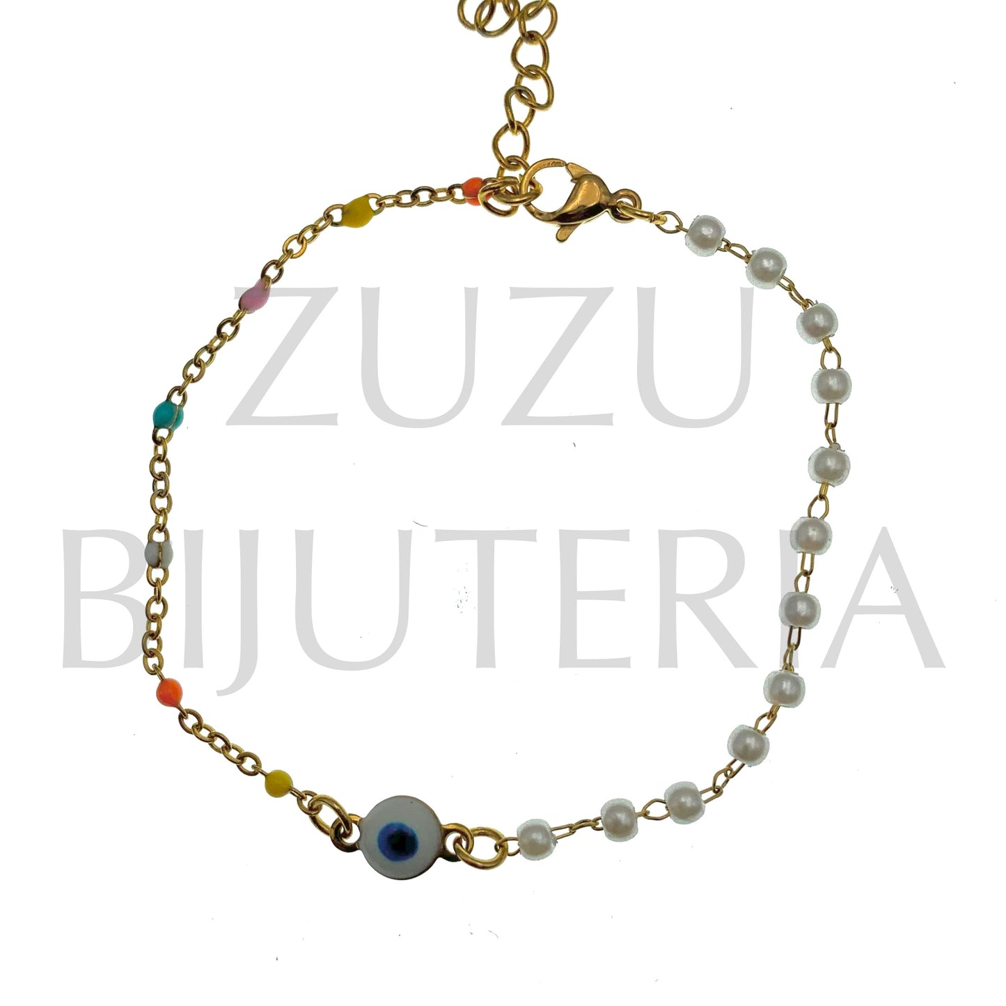 Pulseira Olho com Pérolas 16cm + 5cm - Aço Inox