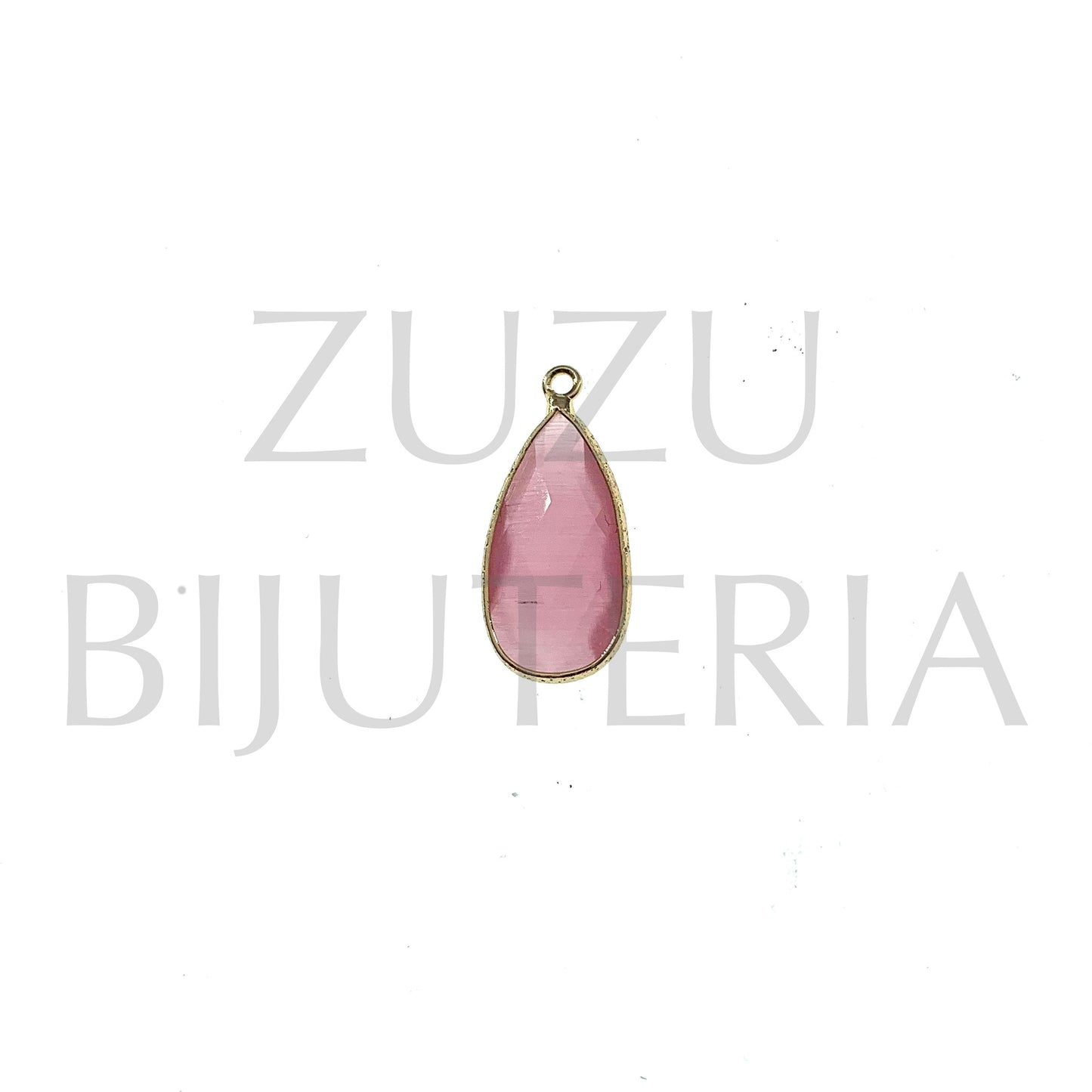 Pendente Vidro e Cobre Gota Cor de Rosa 24mm x 11mm