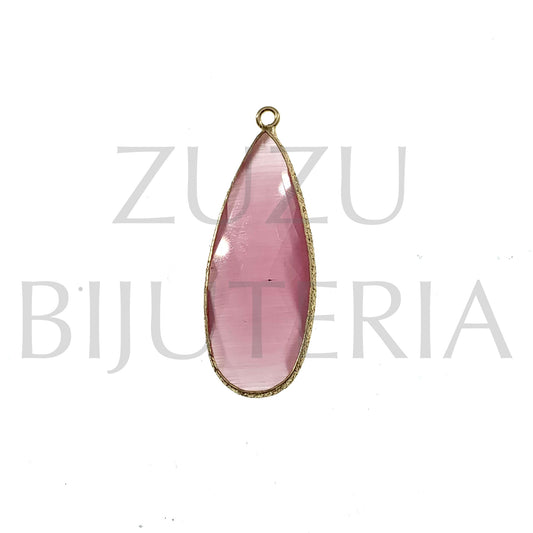 Pendente Vidro e Cobre Gota Cor de Rosa 37mm x 14mm