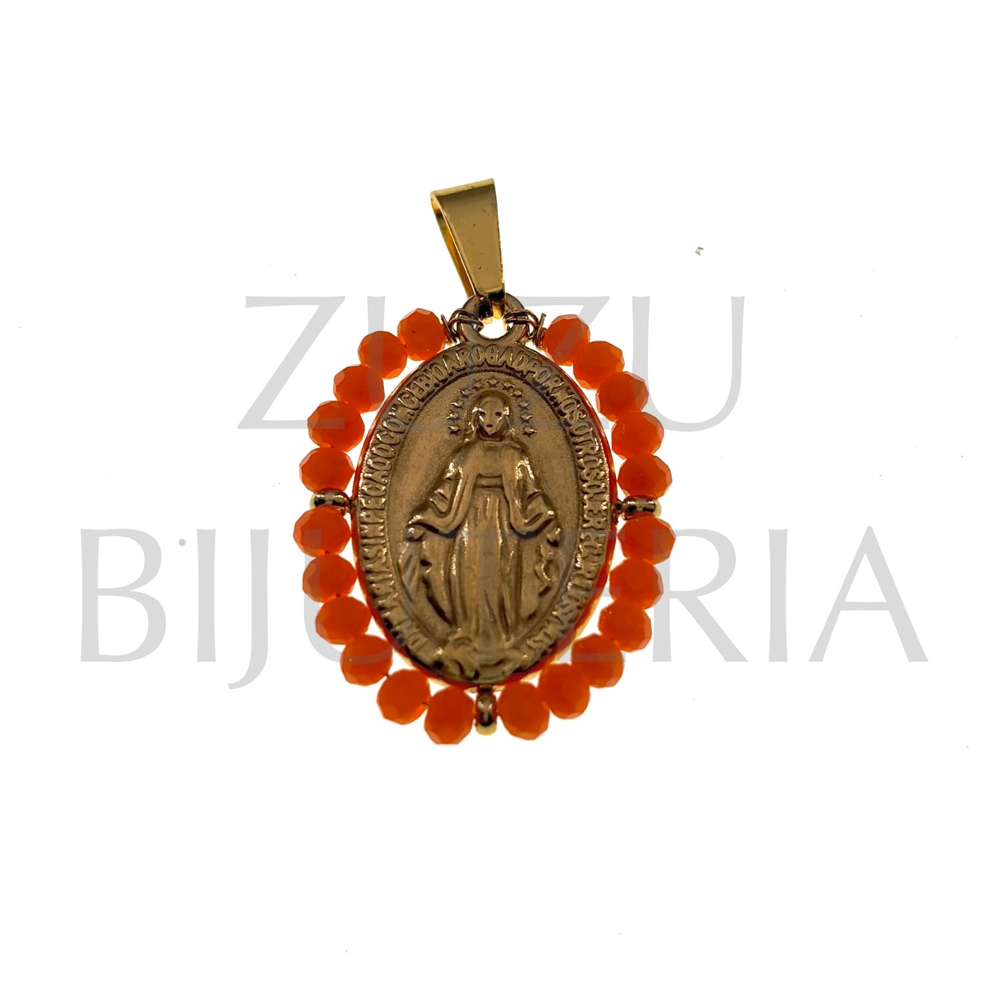 Pendente Nossa Senhora de Guadalupe 25mm x 19mm (Cristais Facetado Laranja) - Aço Inox