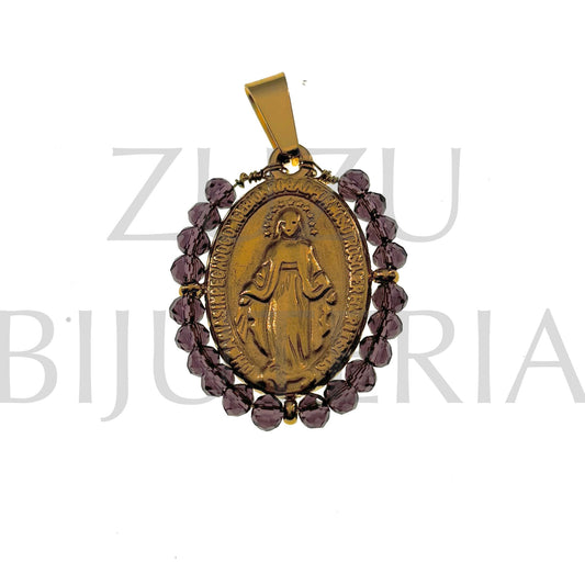 Pendente Nossa Senhora de Guadalupe 25mm x 19mm (Cristais Facetado Lilás Transparente) - Aço Inox