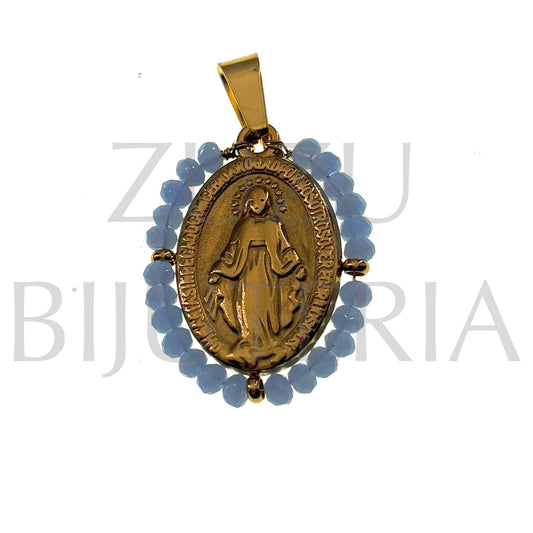 Pendente Nossa Senhora de Guadalupe 25mm x 19mm (Cristais Facetado Azul Claro) - Aço Inox