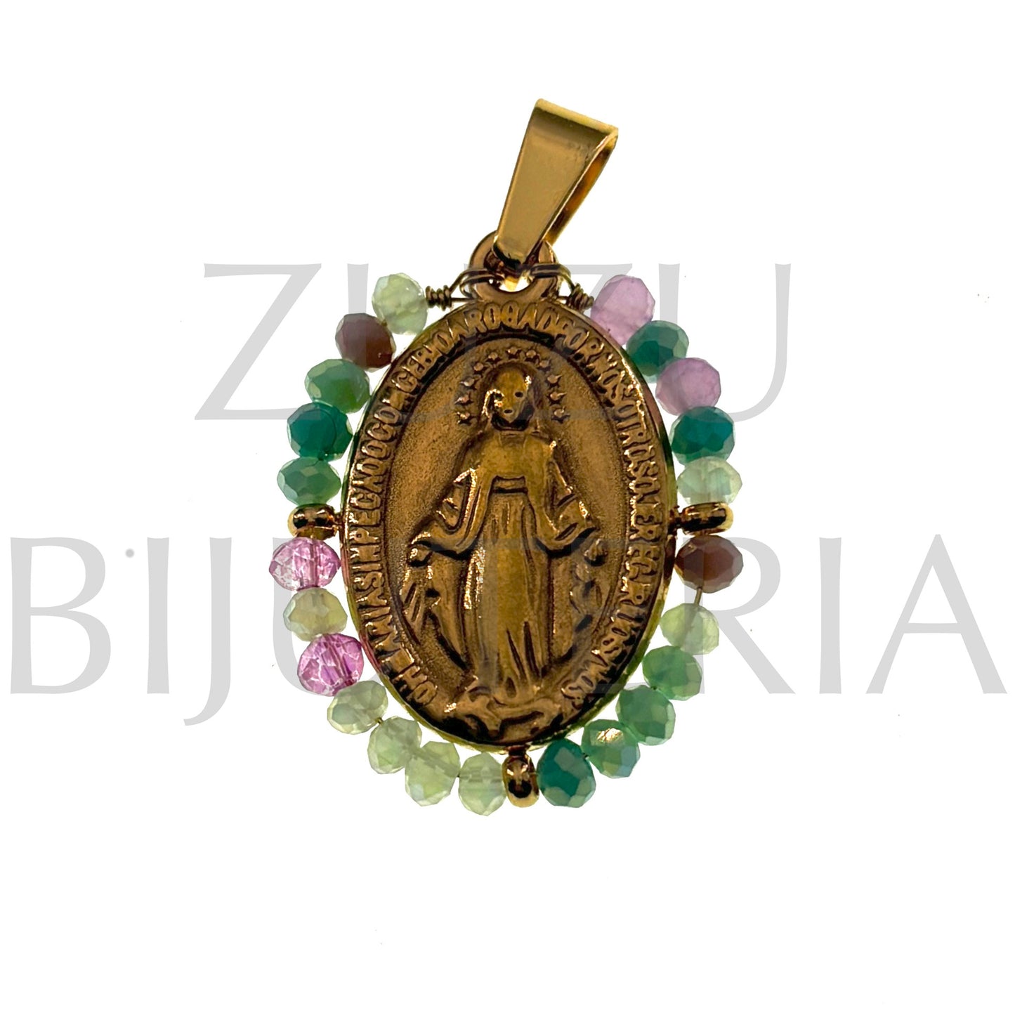 Pendente Nossa Senhora de Guadalupe 25mm x 19mm (Cristais Facetado Misturado) - Aço Inox