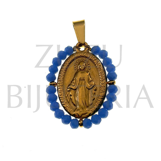 Pendente Nossa Senhora de Guadalupe 25mm x 19mm (Cristais Facetado Azul) - Aço Inox