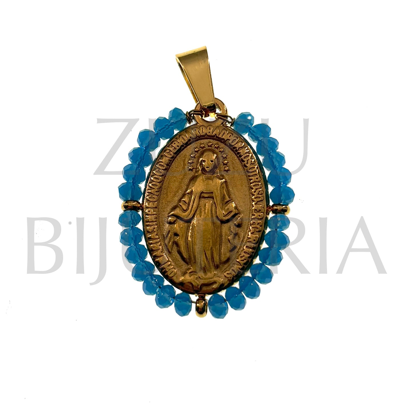 Pendente Nossa Senhora de Guadalupe 25mm x 19mm (Cristais Facetado Azul Transparente) - Aço Inox