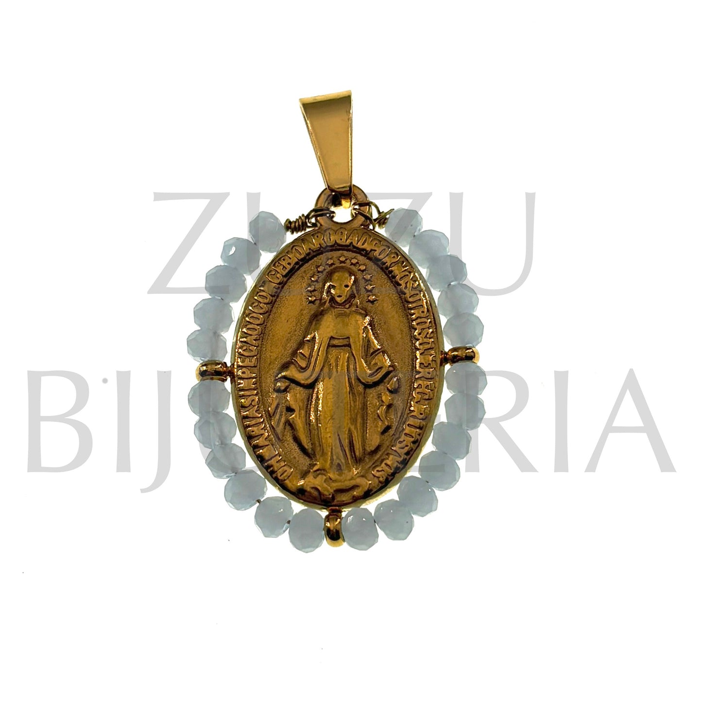 Pendente Nossa Senhora de Guadalupe 25mm x 19mm (Cristais Facetado Azul Claro Fosco) - Aço Inox