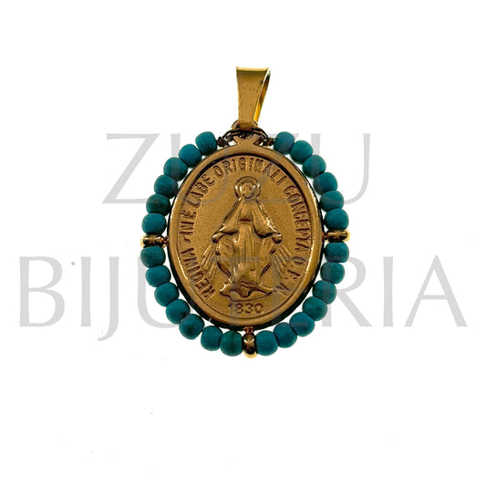 Pendente Nossa Senhora 23mm x 20mm (Howlita Azul)- Aço Inox